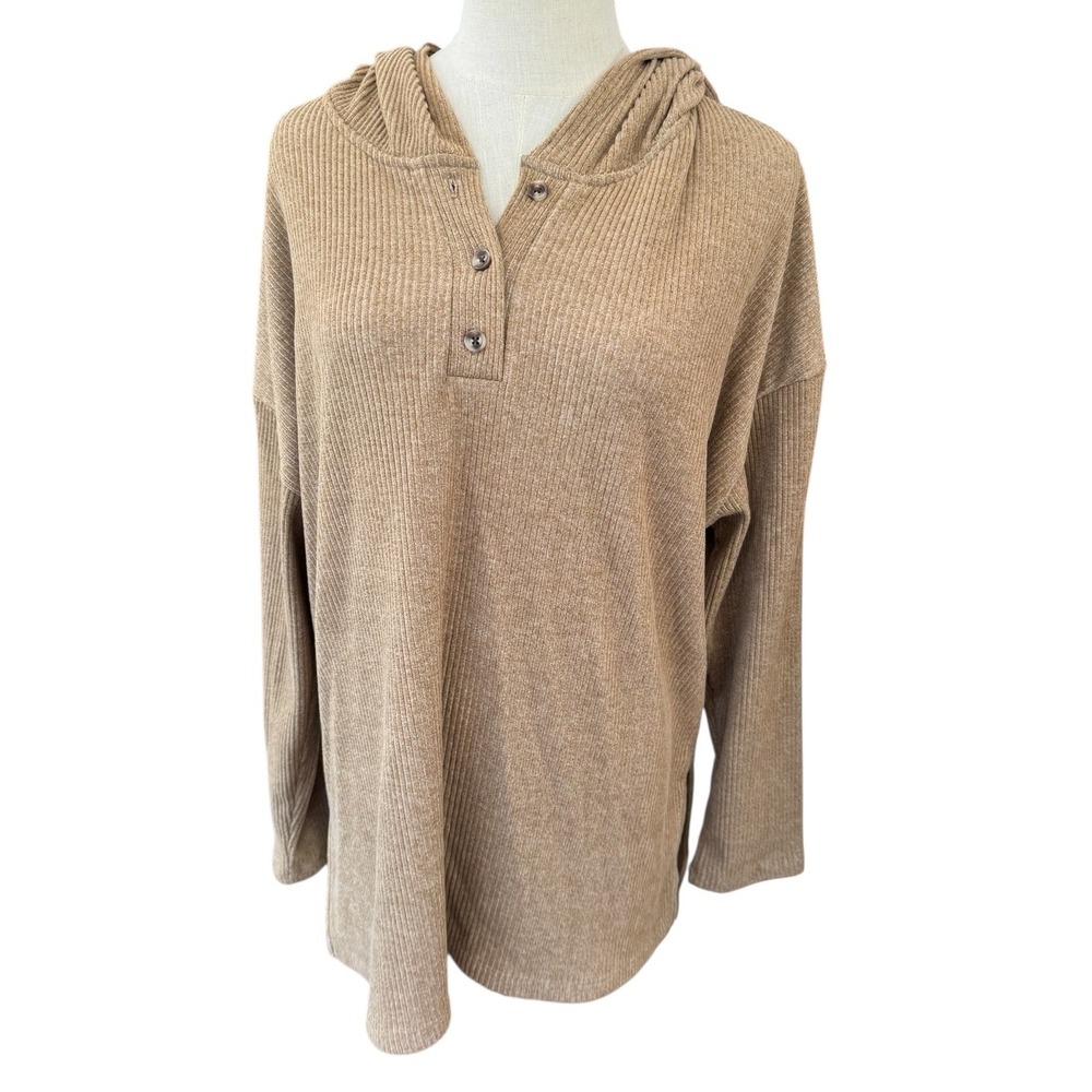 Old Navy Womens Large Tan‎ Ribbed Knit Henley Hoodie Long Sleeve Pullover Top